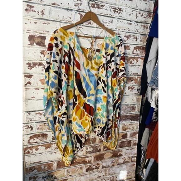 Anthropologie Printed Stappy Beaded Neck Tie Oversized Beach Mini Coverup Dress - Picture 13 of 14